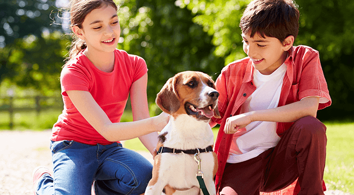 Two kids petting a dog